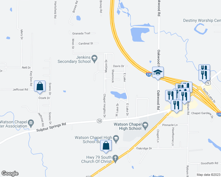 map of restaurants, bars, coffee shops, grocery stores, and more near 3610 Shamrock in Pine Bluff