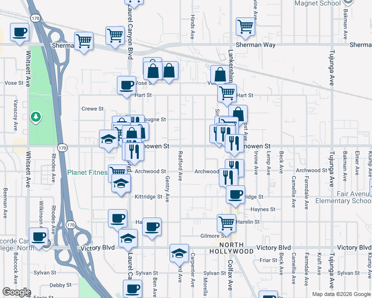 map of restaurants, bars, coffee shops, grocery stores, and more near in Los Angeles