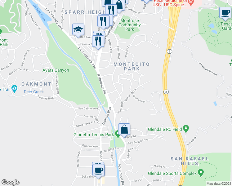 map of restaurants, bars, coffee shops, grocery stores, and more near 3085 Sparr Boulevard in Glendale