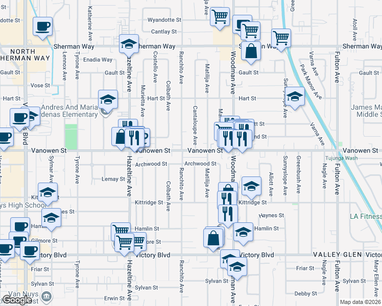 map of restaurants, bars, coffee shops, grocery stores, and more near 13838 Vanowen Street in Los Angeles