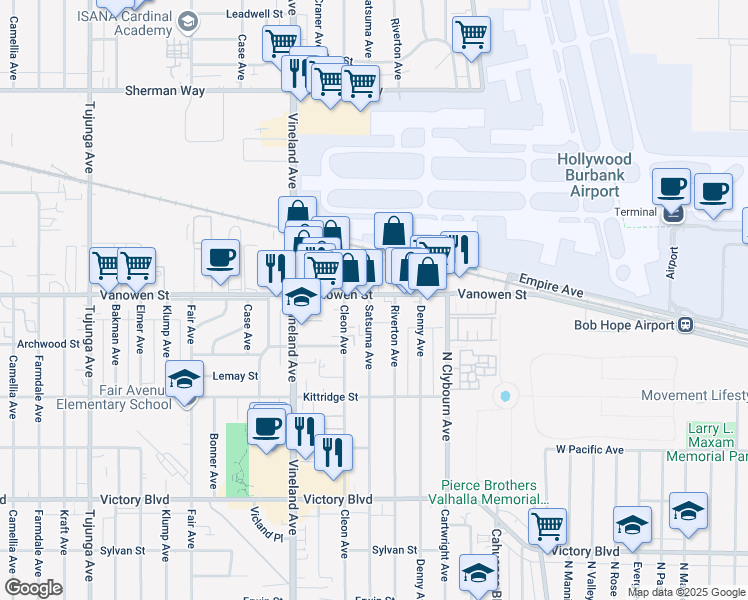 map of restaurants, bars, coffee shops, grocery stores, and more near 10810 Vanowen Street in Los Angeles