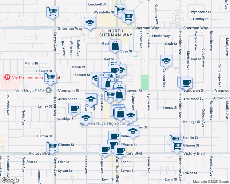 map of restaurants, bars, coffee shops, grocery stores, and more near 14523 Vanowen Street in Los Angeles