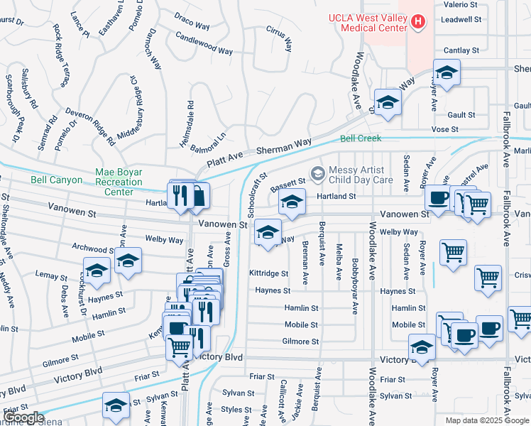 map of restaurants, bars, coffee shops, grocery stores, and more near 23404 Hartland Street in Los Angeles