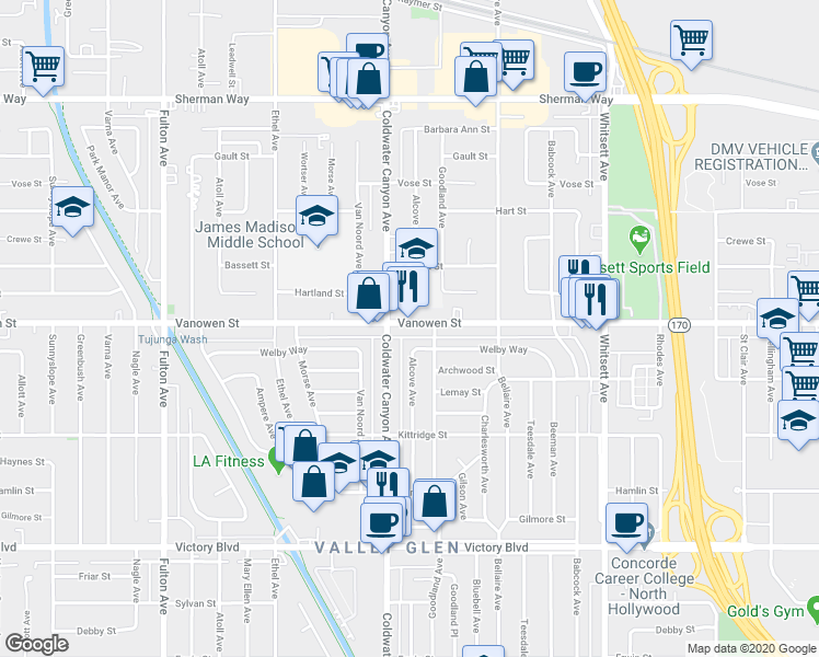map of restaurants, bars, coffee shops, grocery stores, and more near 12826 Vanowen Street in Los Angeles