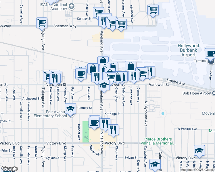 map of restaurants, bars, coffee shops, grocery stores, and more near 10936 Vanowen Street in Los Angeles
