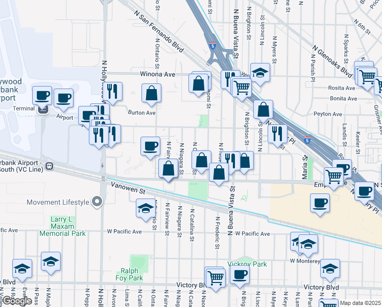 map of restaurants, bars, coffee shops, grocery stores, and more near 2253 North Catalina Street in Burbank