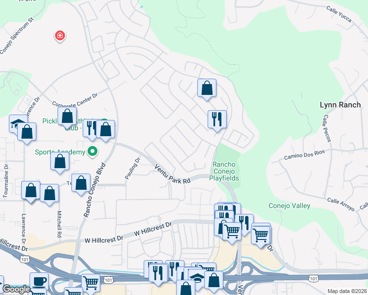 map of restaurants, bars, coffee shops, grocery stores, and more near 1727 Blossom Court in Thousand Oaks