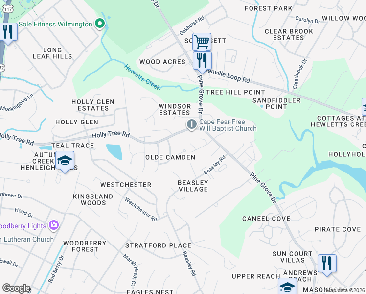map of restaurants, bars, coffee shops, grocery stores, and more near 4817 Alida Place in Wilmington