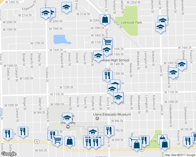 map of restaurants, bars, coffee shops, grocery stores, and more near 1901 W 13th St in Plainview