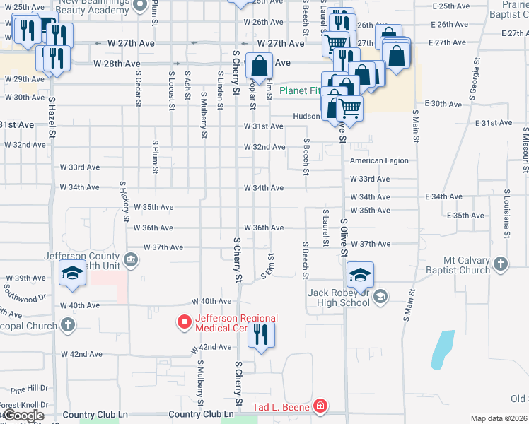 map of restaurants, bars, coffee shops, grocery stores, and more near 900 West 35th Avenue in Pine Bluff