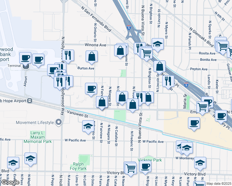 map of restaurants, bars, coffee shops, grocery stores, and more near 2255 North Catalina Street in Burbank