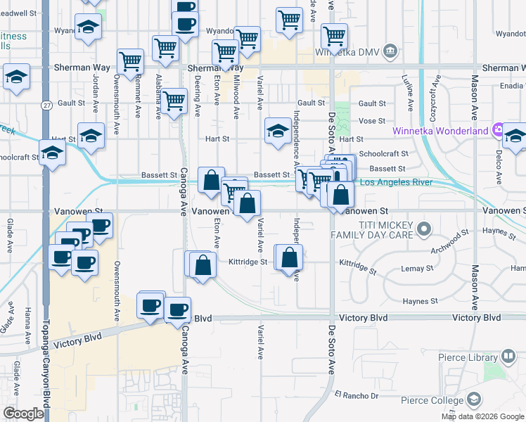 map of restaurants, bars, coffee shops, grocery stores, and more near 21074 Vanowen Street in Los Angeles