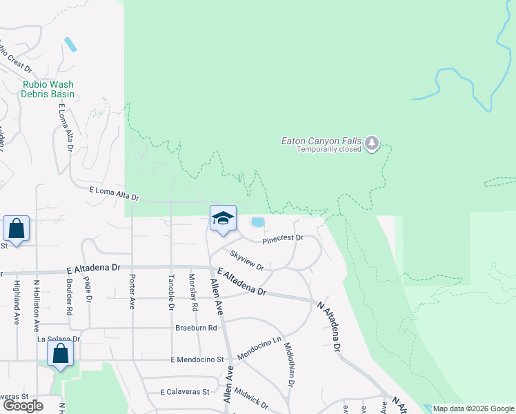 map of restaurants, bars, coffee shops, grocery stores, and more near 2004 East Glenallen Lane in Altadena