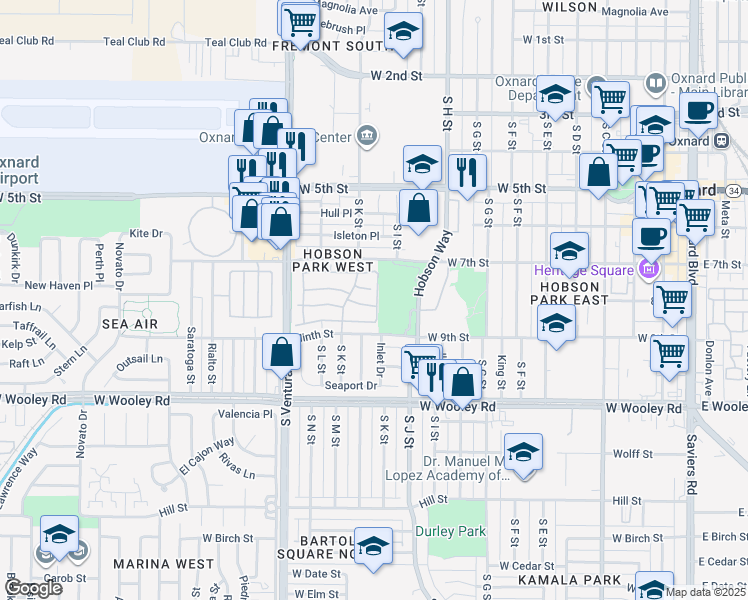 map of restaurants, bars, coffee shops, grocery stores, and more near 815 Kingfisher Way in Oxnard