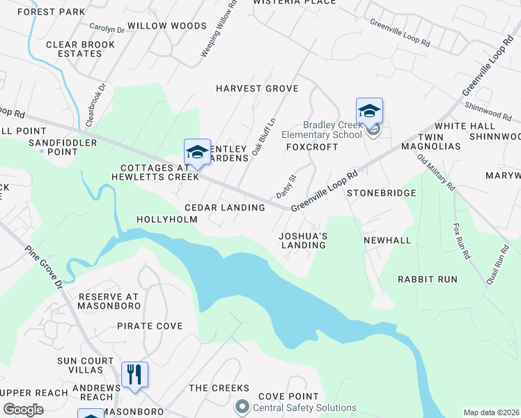 map of restaurants, bars, coffee shops, grocery stores, and more near 5844-5908 Greenville Loop Road in Wilmington