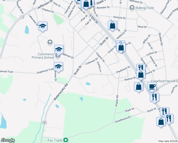map of restaurants, bars, coffee shops, grocery stores, and more near 458 Sam Brown Boulevard in Commerce