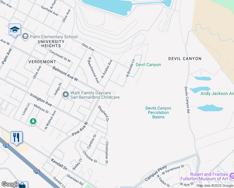 map of restaurants, bars, coffee shops, grocery stores, and more near 6195 Aubrey Place in San Bernardino