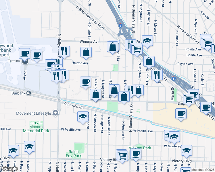 map of restaurants, bars, coffee shops, grocery stores, and more near 2255 North Catalina Street in Burbank