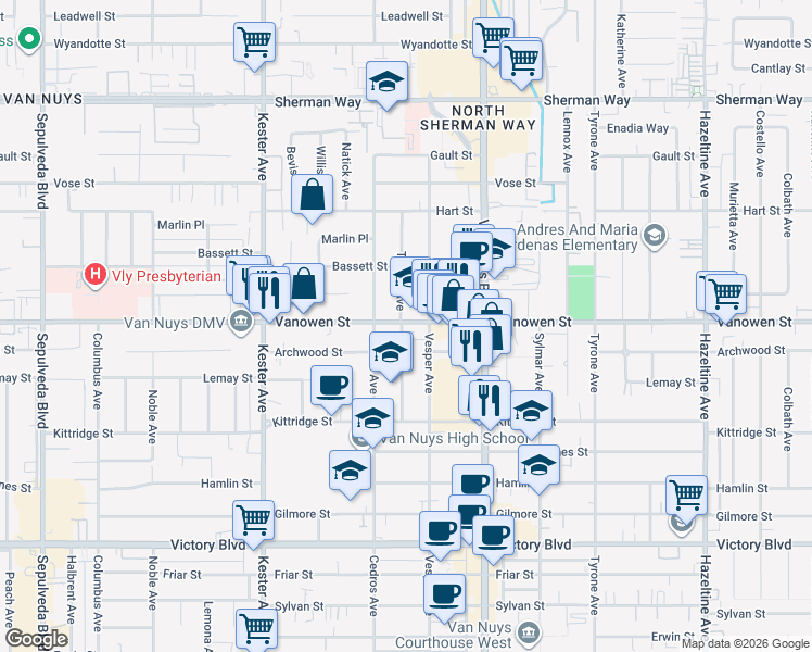 map of restaurants, bars, coffee shops, grocery stores, and more near 14629 Vanowen Street in Los Angeles