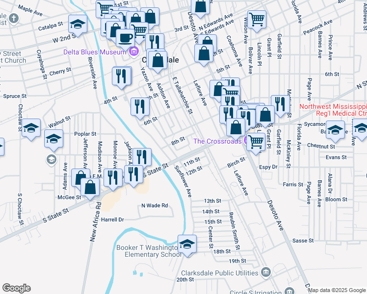 map of restaurants, bars, coffee shops, grocery stores, and more near Ashton Avenue in Clarksdale