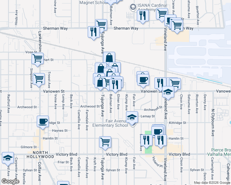 map of restaurants, bars, coffee shops, grocery stores, and more near 11310 Vanowen Street in Los Angeles
