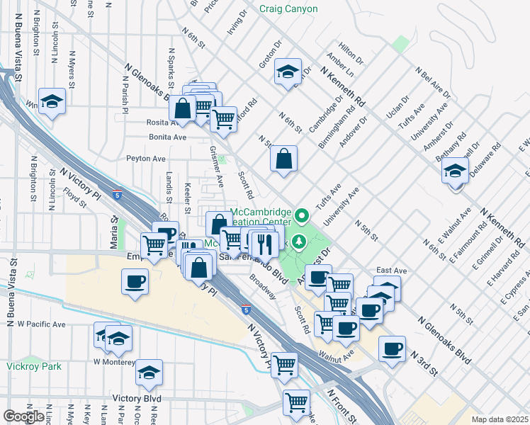 map of restaurants, bars, coffee shops, grocery stores, and more near 1720 Scott Road in Burbank