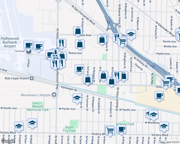 map of restaurants, bars, coffee shops, grocery stores, and more near 2305 North Niagara Street in Burbank