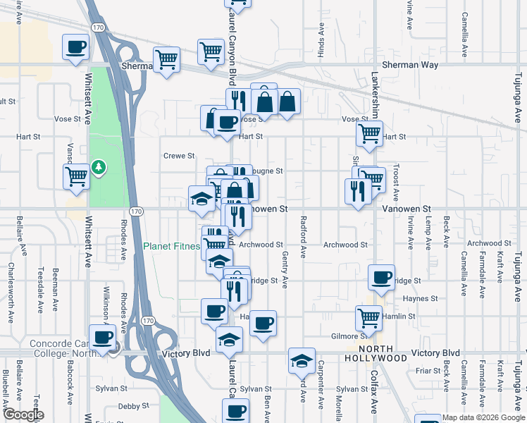 map of restaurants, bars, coffee shops, grocery stores, and more near 12019 Vanowen Street in Los Angeles