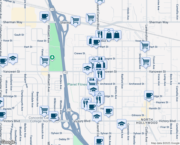 map of restaurants, bars, coffee shops, grocery stores, and more near 12145 Vanowen Street in Los Angeles