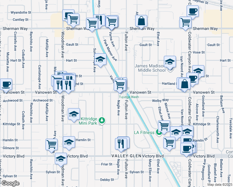 map of restaurants, bars, coffee shops, grocery stores, and more near 6800 Varna Avenue in Los Angeles