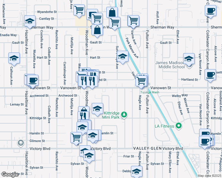 map of restaurants, bars, coffee shops, grocery stores, and more near 13540 Vanowen Street in Los Angeles
