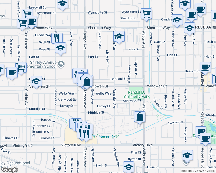 map of restaurants, bars, coffee shops, grocery stores, and more near 19107 Vanowen Street in Los Angeles