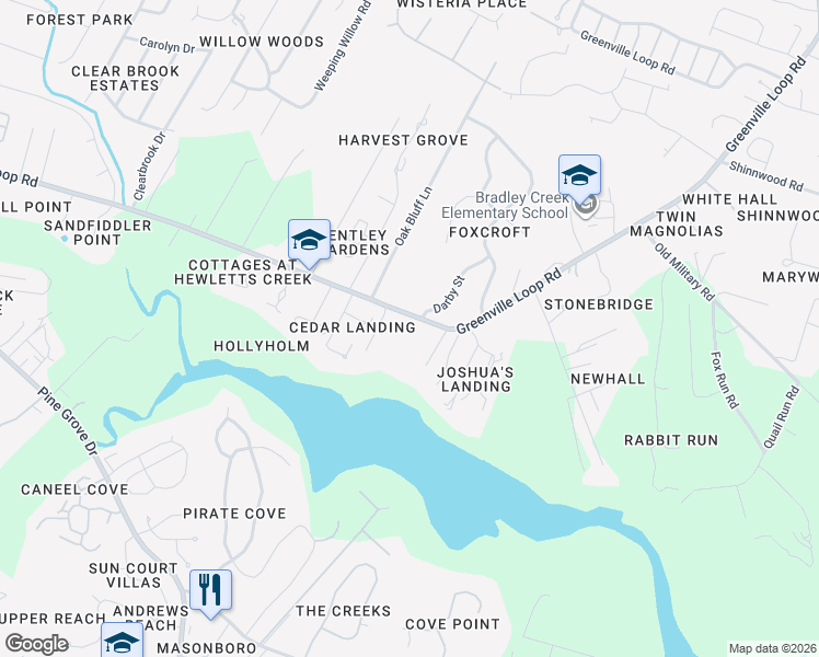 map of restaurants, bars, coffee shops, grocery stores, and more near 5844-5908 Greenville Loop Road in Wilmington