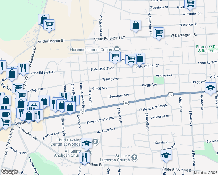 map of restaurants, bars, coffee shops, grocery stores, and more near 1321 Gregg Avenue in Florence