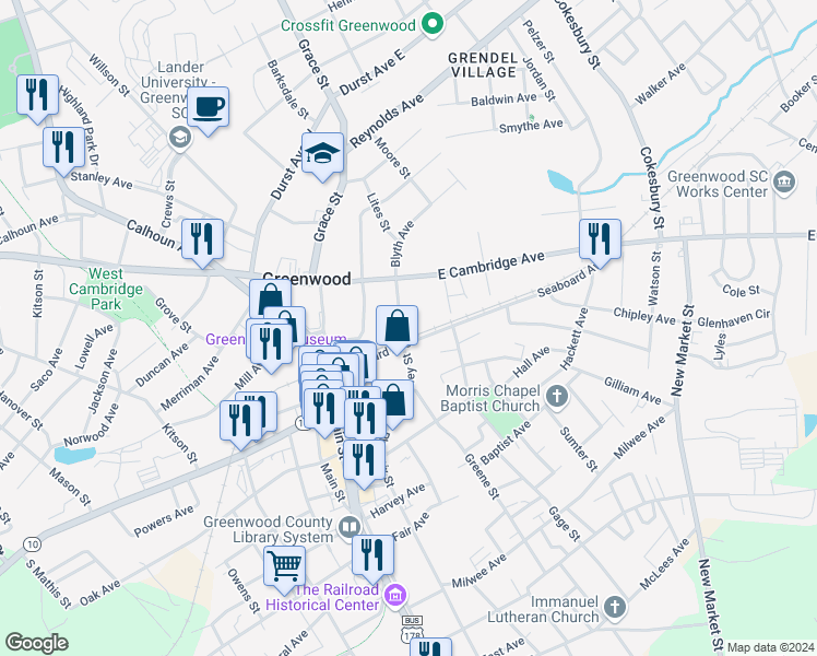 map of restaurants, bars, coffee shops, grocery stores, and more near 145 Pressley Street in Greenwood