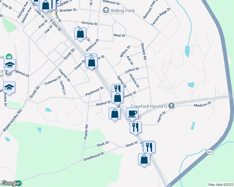 map of restaurants, bars, coffee shops, grocery stores, and more near 836 South Broad Street in Commerce
