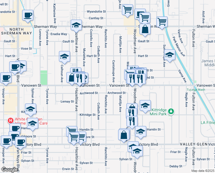 map of restaurants, bars, coffee shops, grocery stores, and more near 13536 Vanowen Street in Los Angeles