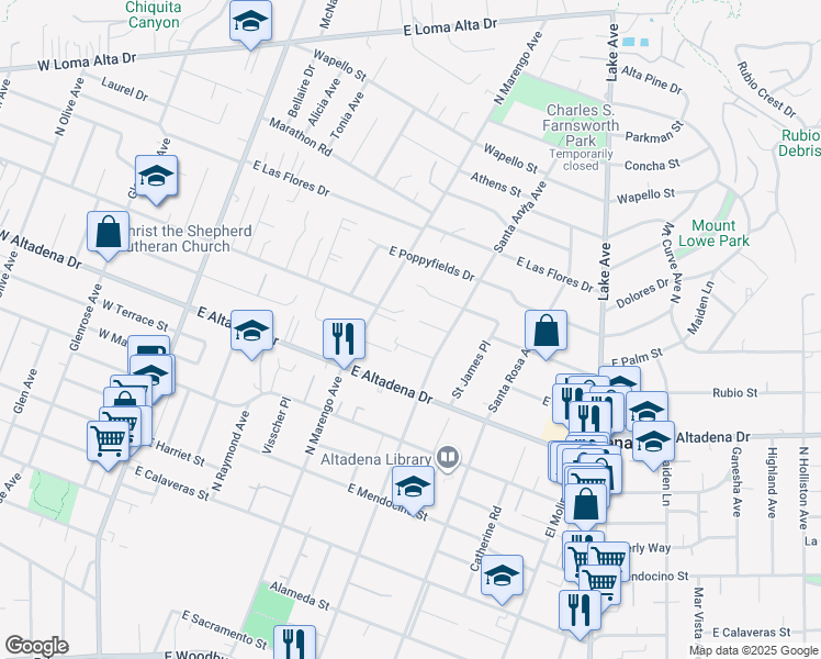 map of restaurants, bars, coffee shops, grocery stores, and more near 408 Wistaria Place in Altadena