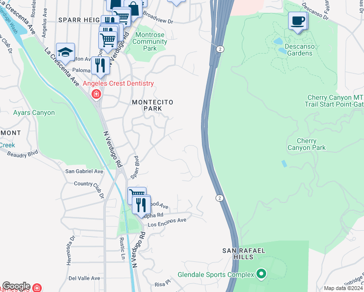 map of restaurants, bars, coffee shops, grocery stores, and more near 2256 El Arbolita Drive in Glendale
