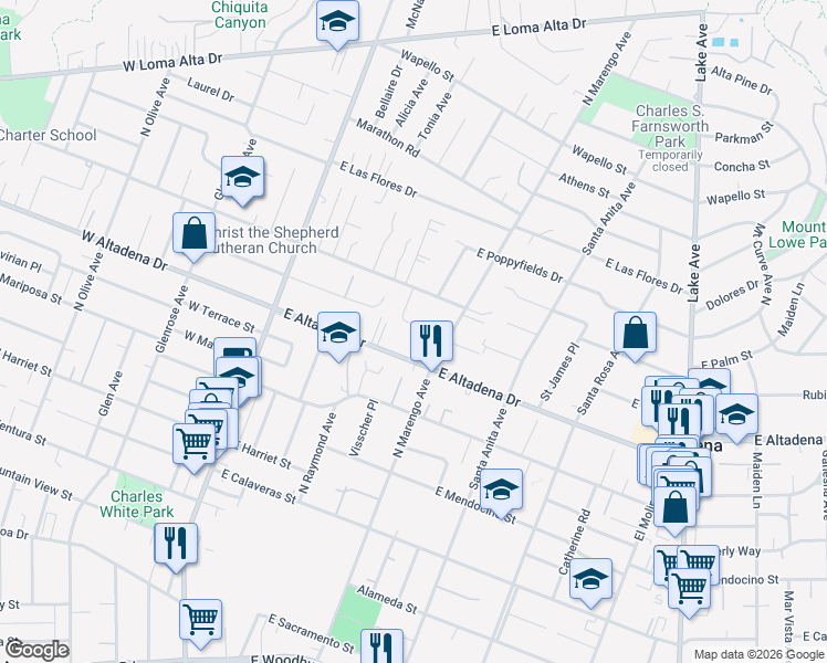 map of restaurants, bars, coffee shops, grocery stores, and more near 254 East Pentagon Street in Altadena
