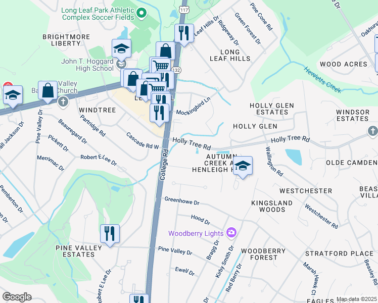 map of restaurants, bars, coffee shops, grocery stores, and more near 4610 Holly Tree Road in Wilmington