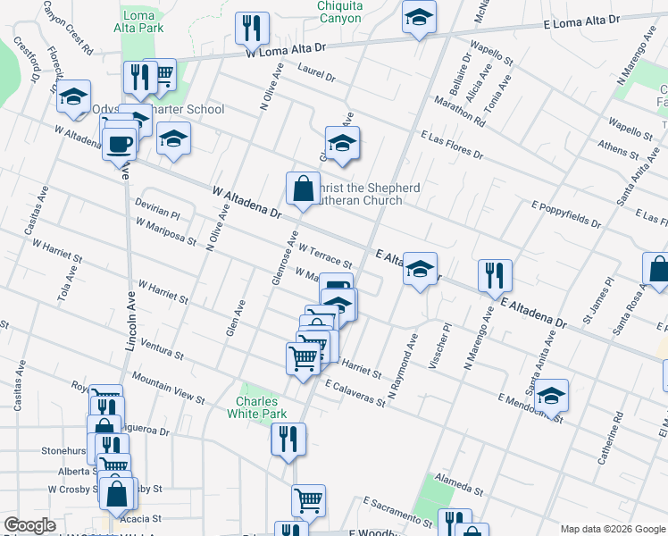 map of restaurants, bars, coffee shops, grocery stores, and more near 52 W Terrace St in Altadena