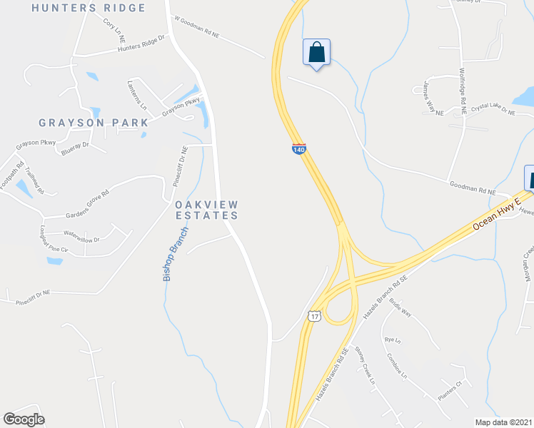 map of restaurants, bars, coffee shops, grocery stores, and more near Ocean Highway East in Leland