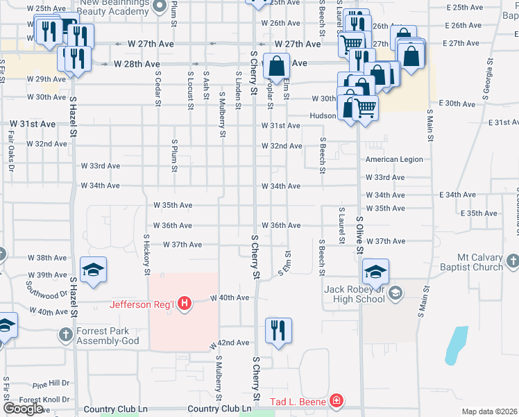map of restaurants, bars, coffee shops, grocery stores, and more near 3517 South Cherry Street in Pine Bluff