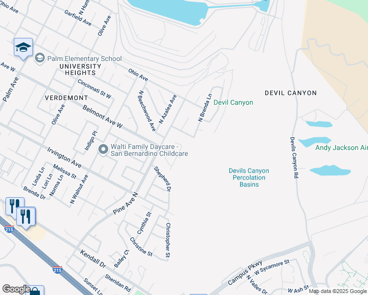 map of restaurants, bars, coffee shops, grocery stores, and more near 6195 Aubrey Place in San Bernardino