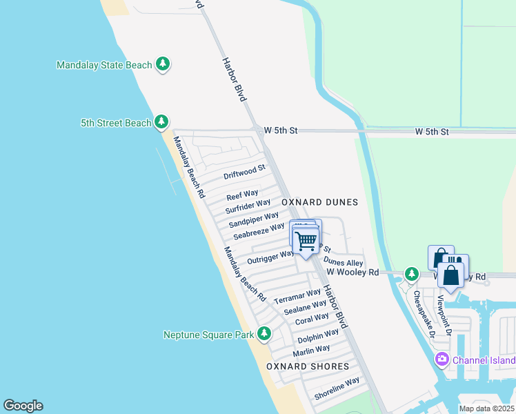 map of restaurants, bars, coffee shops, grocery stores, and more near 5221 Surfrider Way in Oxnard
