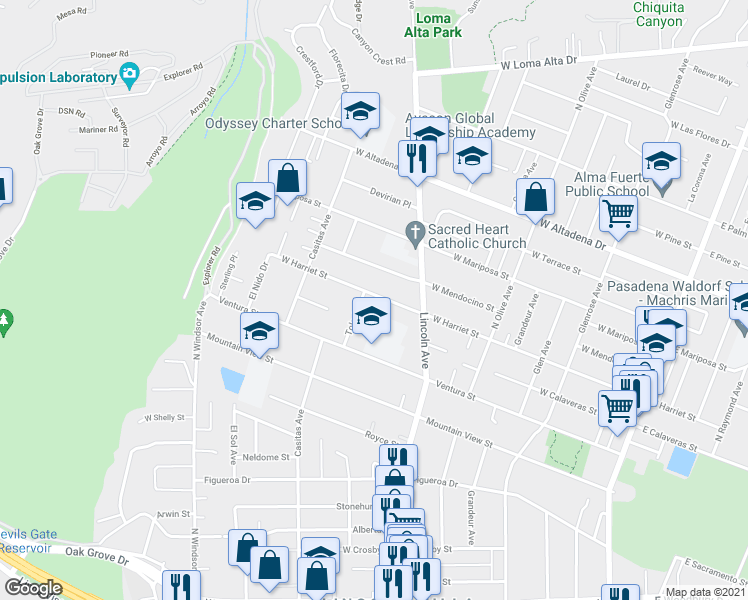 map of restaurants, bars, coffee shops, grocery stores, and more near 590 W Harriet St in Altadena