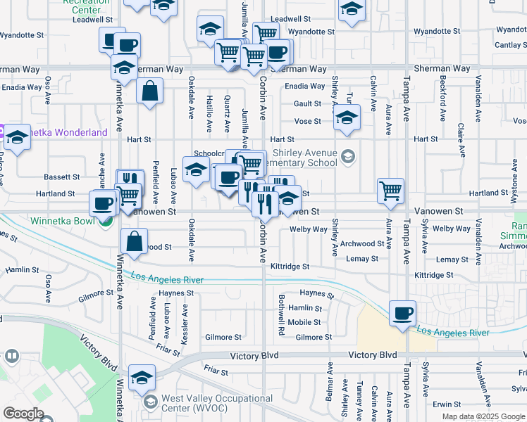 map of restaurants, bars, coffee shops, grocery stores, and more near Vanowen St & Corbin Ave in Los Angeles