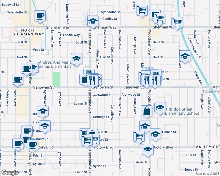 map of restaurants, bars, coffee shops, grocery stores, and more near 13942 Vanowen Street in Los Angeles