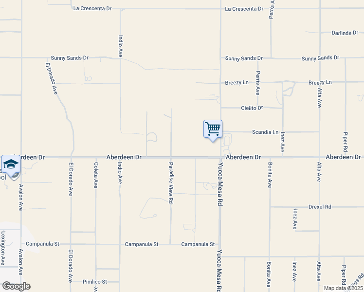 map of restaurants, bars, coffee shops, grocery stores, and more near Aberdeen Drive in Yucca Valley